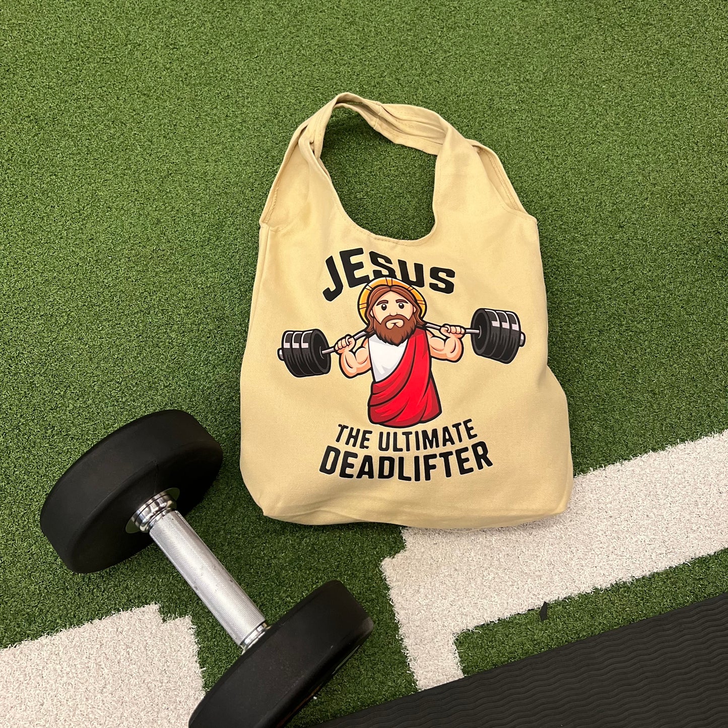 💪 Jesus the Ultimate Deadlifter Tote Bag (Beige)