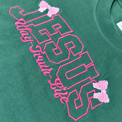 JESUS – Way Truth Life Tee (Forest Green & Pink Bow Edition)