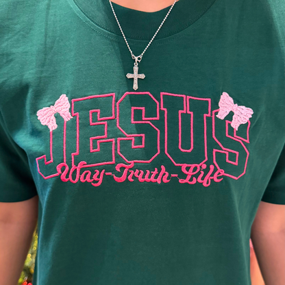 JESUS – Way Truth Life Tee (Forest Green & Pink Bow Edition)