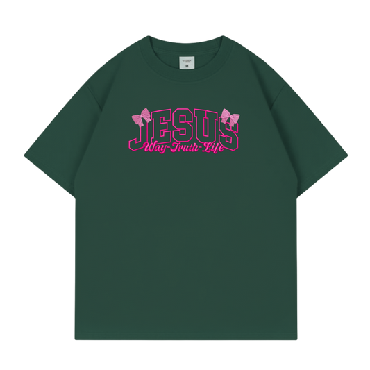 JESUS – Way Truth Life Tee (Forest Green & Pink Bow Edition)