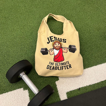 💪 Jesus the Ultimate Deadlifter Tote Bag (Beige)